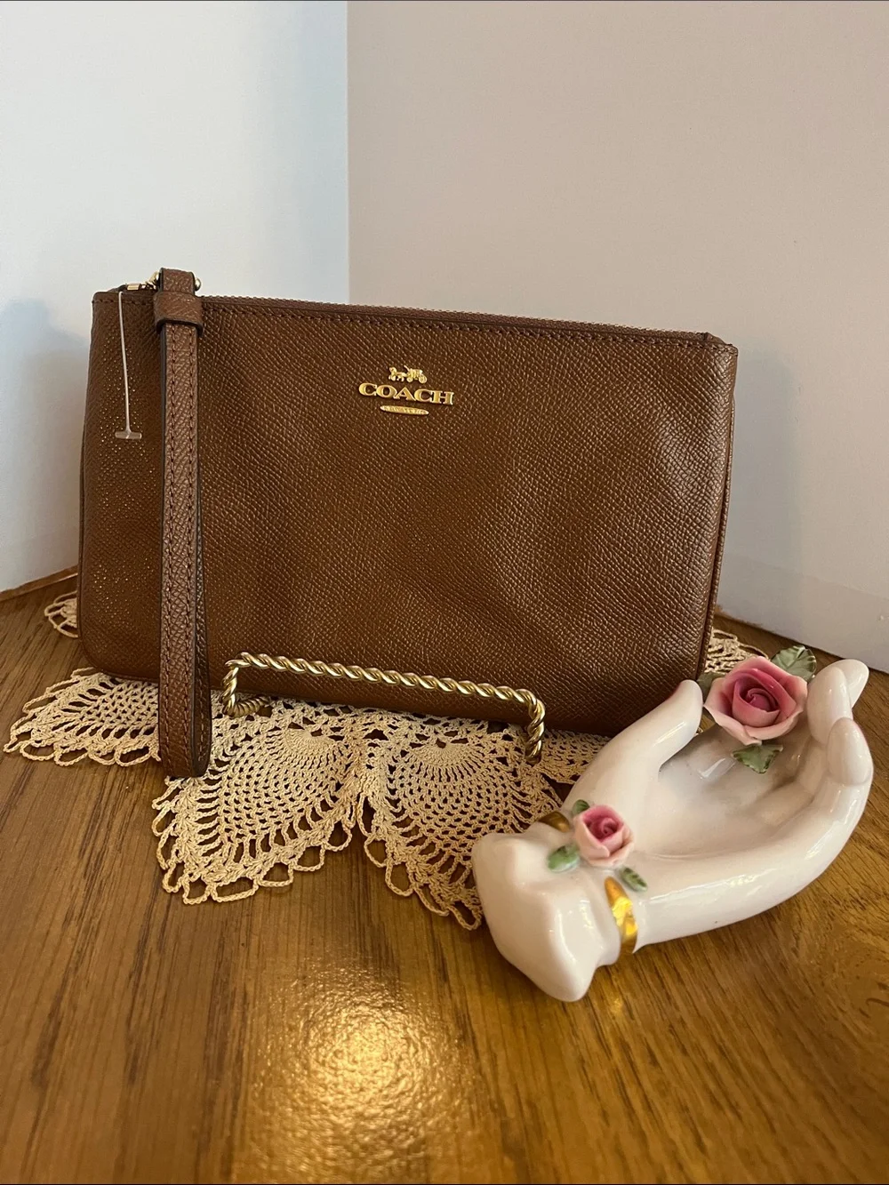 Coach Brown Saffiano Leather Wristlet Clutch with Gold Logo